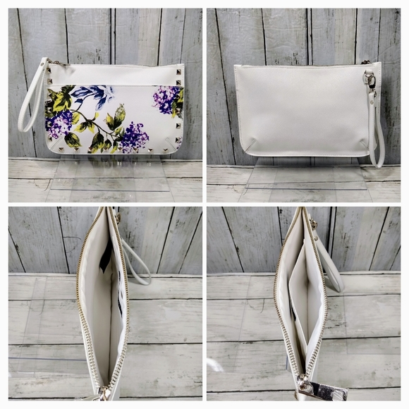 White House Black Market Vegan Lthr White Floral Zip Multi-Pocket Wristlet NWOT - Picture 6 of 10